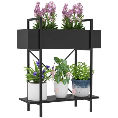 Pflanzenständer, Blumenkasten mit 2 Ebenen, Metall, Schwarz