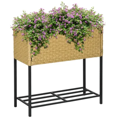 Hochbeet Pflanzkasten Gartenbeet mit Ablage, PE-Rattan,  Braun