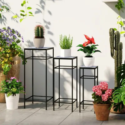 3er-Set Pflanzenständer, Blumenhocker, Blumentopfständer, Blau+Weiss