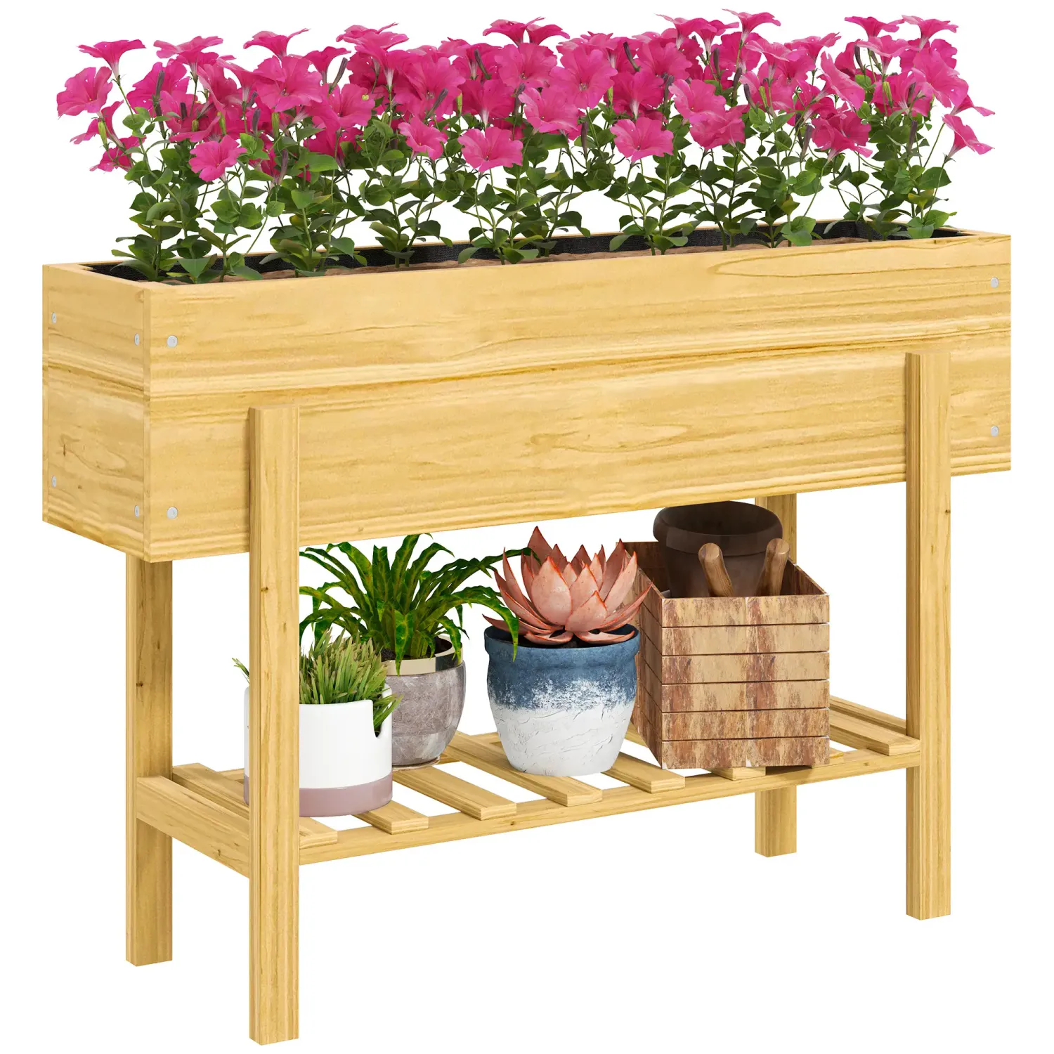 Hochbeet mit Ablagefach, Blumenkasten mit Vlies-Auskleidung und Entwässerungslöchern, 100 x 30 x 70,5 cm, Naturholz
