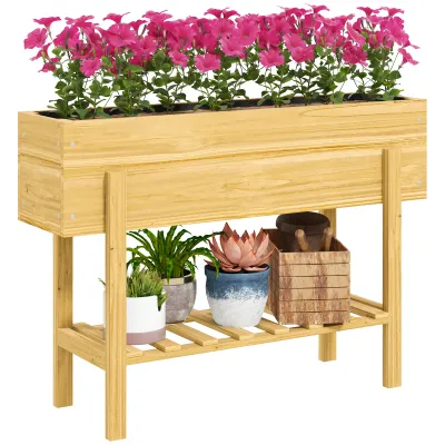 Hochbeet mit Ablagefach, Blumenkasten mit Vlies-Auskleidung und Entwässerungslöchern, 100 x 30 x 70,5 cm, Naturholz