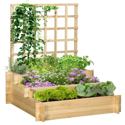 3-stufiges Hochbeet mit Rankgitter, Naturholzrahmen, Vlies-Innenauskleidung, 95 x 95 x 110 cm