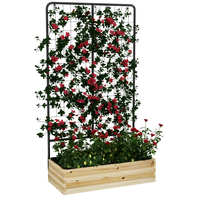 Hochbeet mit Rankhilfe, Innenfutter aus Vlies, Naturholz, Stahl, 80x38x145 cm, Schwarz