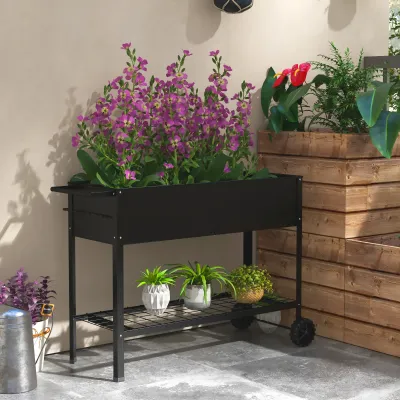 Hochbeet Pflanzbeet Pflanzkasten, 1 Ablage, 2 Rollen, 109 cm x 44 cm x 80 cm, Schwarz