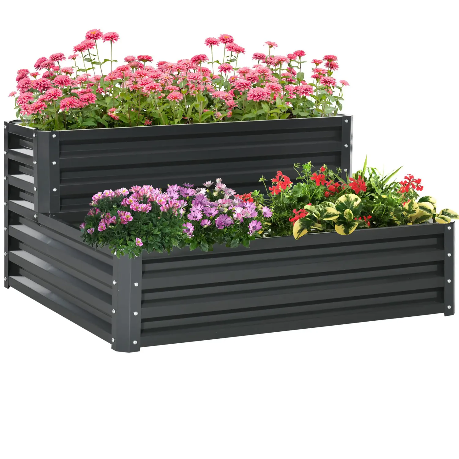 Hochbeet aus Stahl mit offenem Boden 2 Etagen für Kräuter Gemüse Obst Blumen 120 x 101 x 58 cm Dunkelgrau