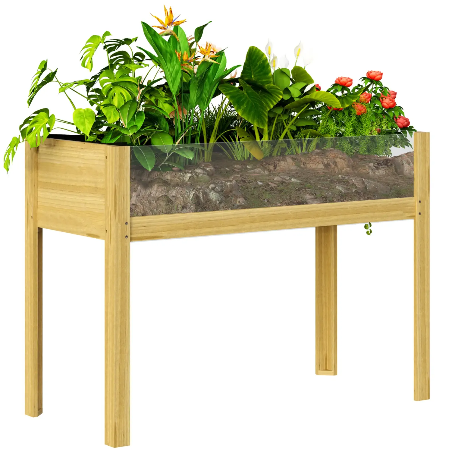 Hochbeet, Holz-Pflanzbox mit zwei Acrylplatten, Wasserabflusslöcher, 110 x 50 x 80 cm, natur