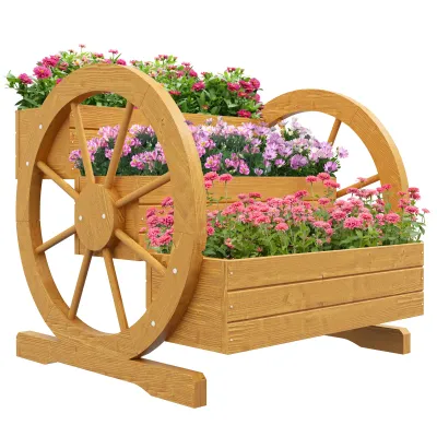Hochbeet, Blumenkasten, 3 Etagen, Wagenrad-Dekor, Naturholz, 62 x 61 x 57 cm