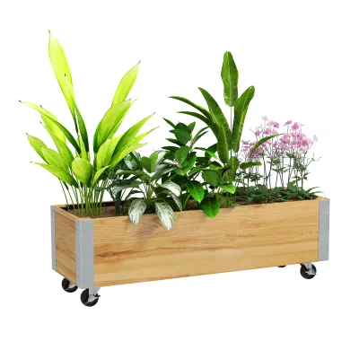 Hochbeet auf Rollen rechteckig Drainagevlies Metall Massivholz 96 x 30,6 x 30 cm Naturholz