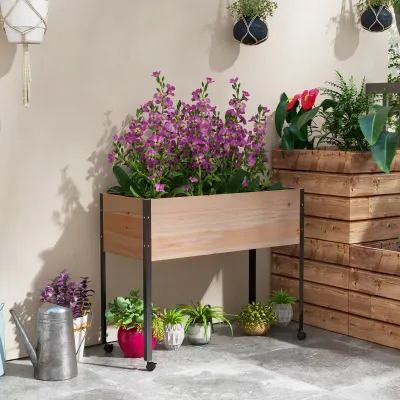 Hochbeet auf Rädern, Bewässerungseinsätze + Drainagevlies inklusive aus Tannenholz und Metall
