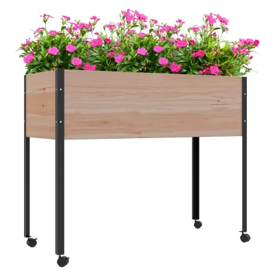 Hochbeet auf Rädern, Bewässerungseinsätze + Drainagevlies inklusive aus Tannenholz und Metall
