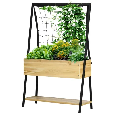 Hochbeet im Industrie-Design mit Rankgitter und Regal