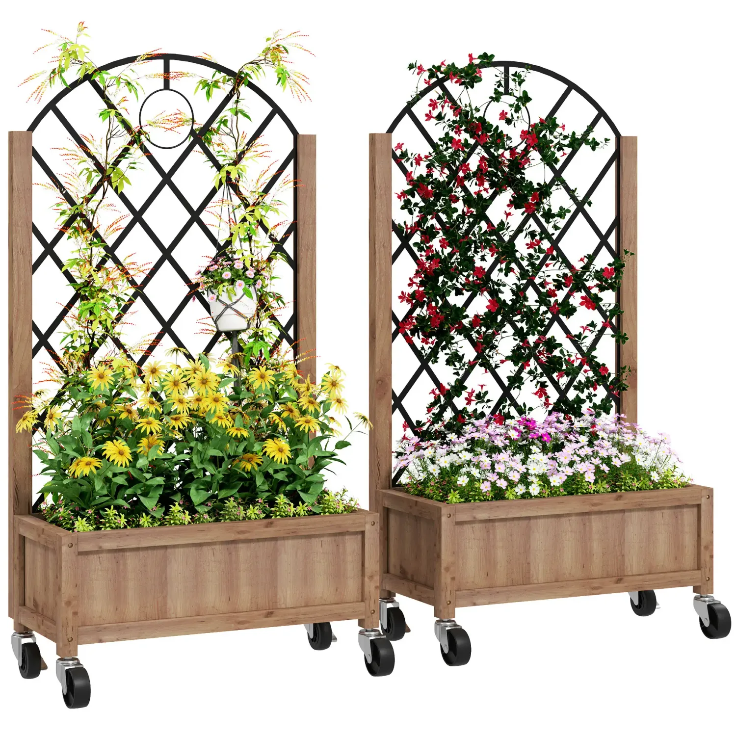 2er Set Hochbeet Blumenkübel mit Rollen, Rankgitter, Spalier Pflanzkübel Blumenkasten Holz 152x25x97cm Braun