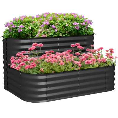 Rechteckiges Hochbeet mit offenem Boden 2 Etagen für Kräuter Gemüse Obst Blumen 120 x 90 x 30 cm Schwarz