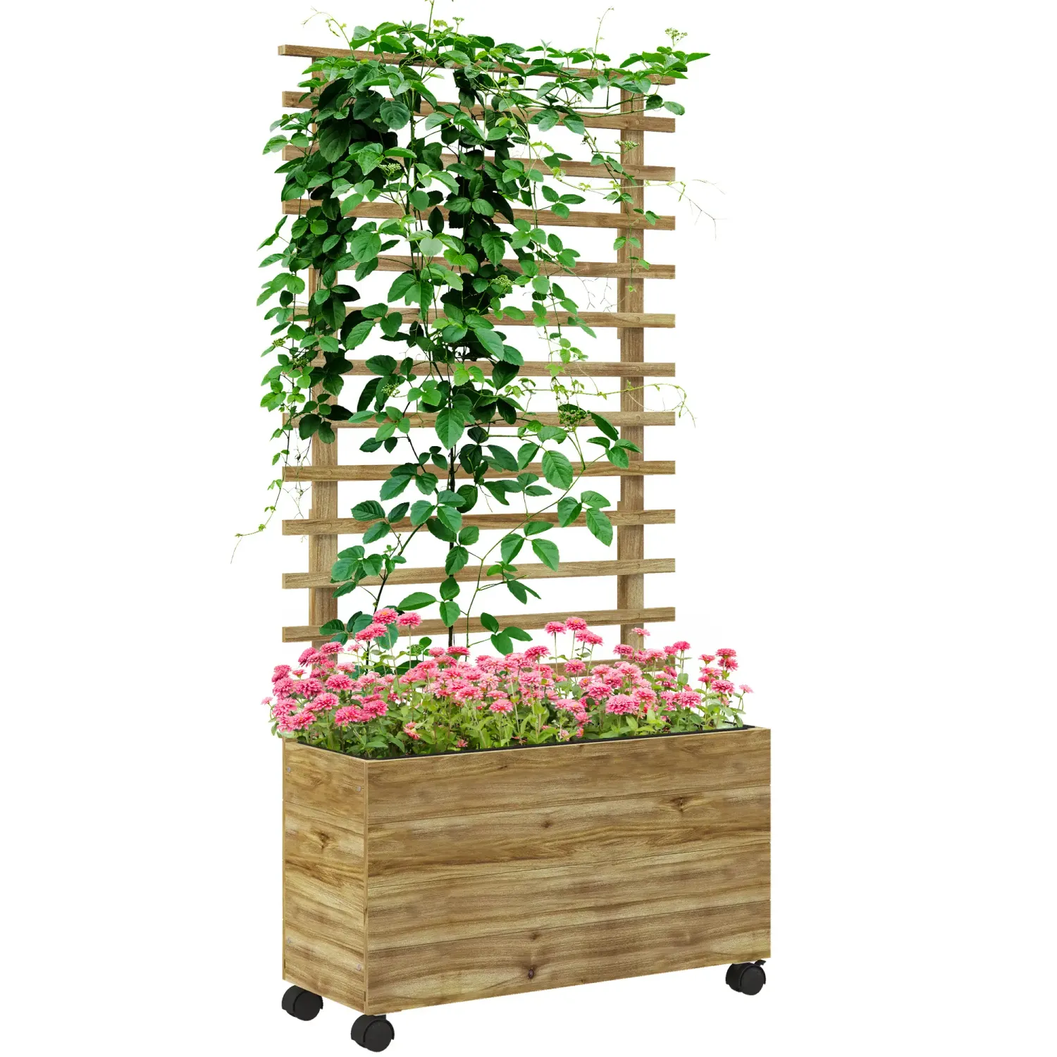 Pflanzkasten mit Spalier auf Rädern, Naturholz, wetterfeste Lackierung, Naturholz, 76 x 30 x 155 cm