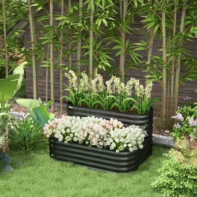 Rechteckiges Hochbeet mit offenem Boden 2 Etagen für Kräuter Gemüse Obst Blumen 120 x 90 x 30 cm Schwarz
