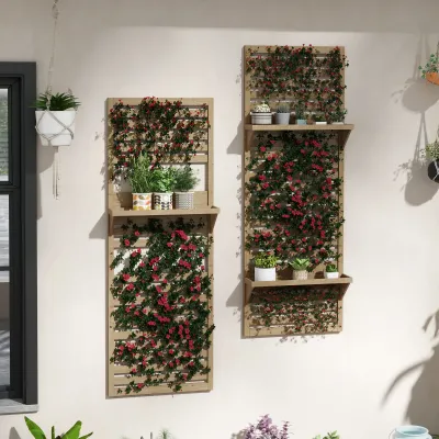Set von 2 Indoor-Pflanzenständern, Innen-Pflanzenständer mit Regalen und Gitter, Sichtschutz 60 x 18 x 170 cm aus Naturholz