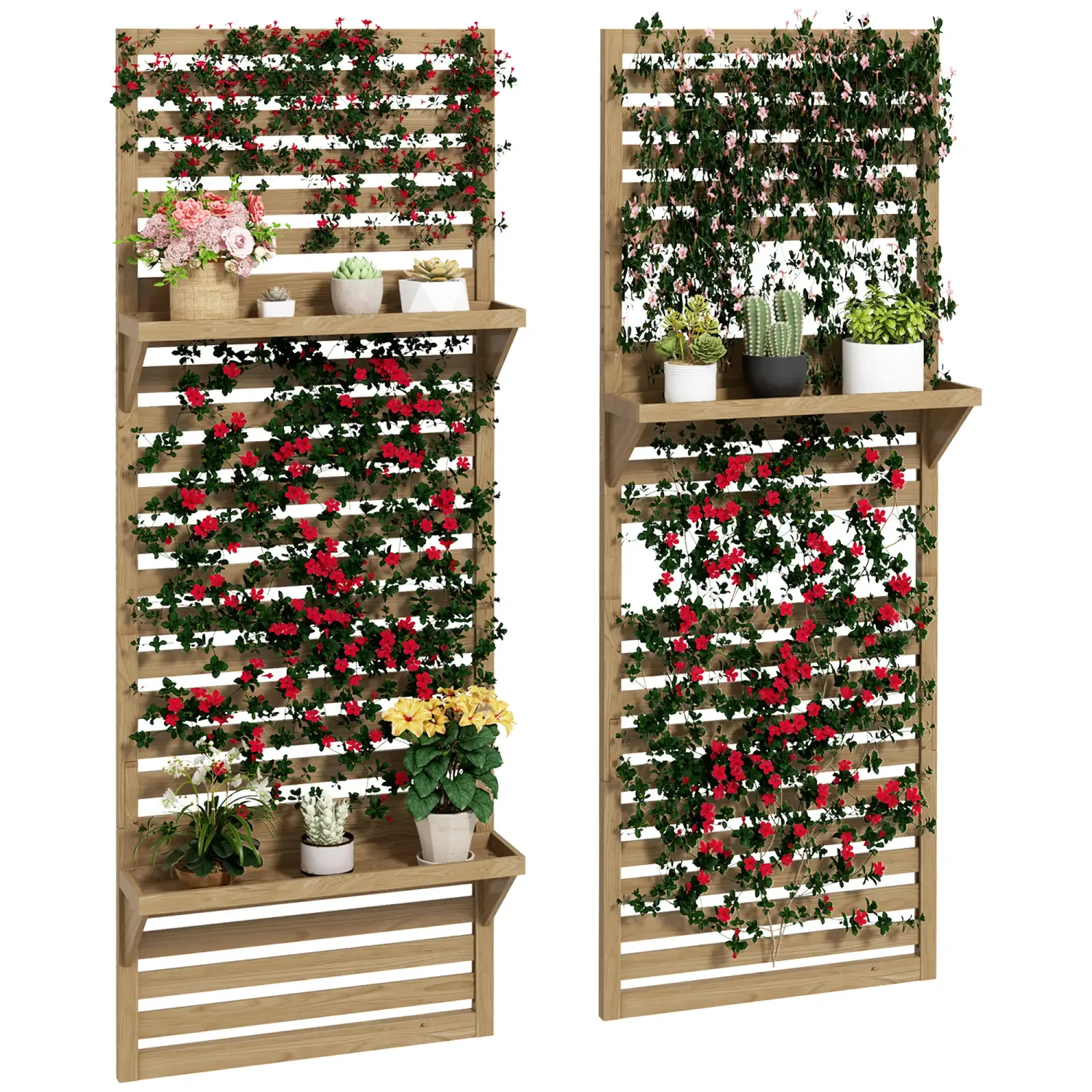 Set von 2 Indoor-Pflanzenständern, Innen-Pflanzenständer mit Regalen und Gitter, Sichtschutz 60 x 18 x 170 cm aus Naturholz