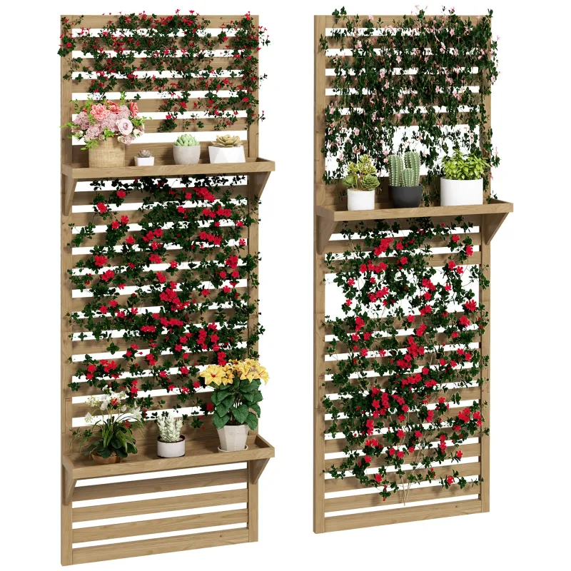 Set von 2 Indoor-Pflanzenständern, Innen-Pflanzenständer mit Regalen und Gitter, Sichtschutz 60 x 18 x 170 cm aus Naturholz