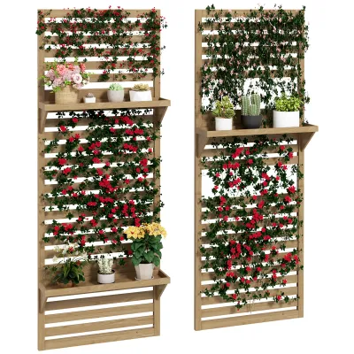 Set von 2 Indoor-Pflanzenständern, Innen-Pflanzenständer mit Regalen und Gitter, Sichtschutz 60 x 18 x 170 cm aus Naturholz