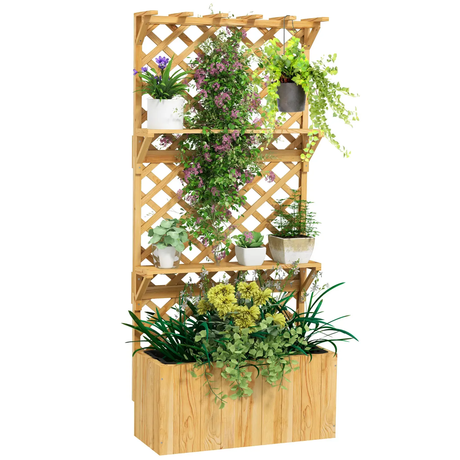 Hochbeet mit Spalier, Blumenkasten, 2 Regale, Drainagelöcher, 76 x 33 x 177 cm