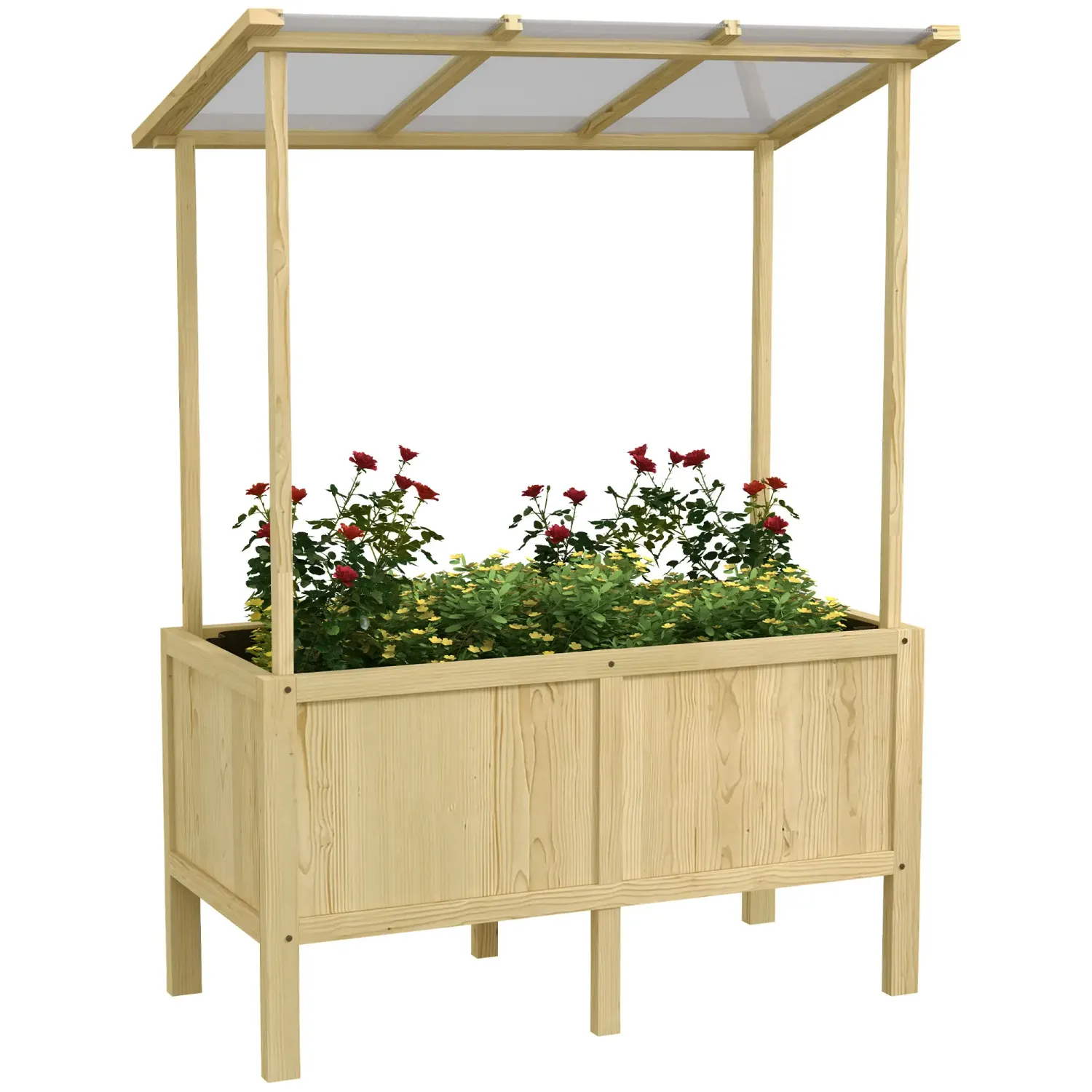 Hochbeet mit Dach, Drainagelöcher, Vliesauskleidung, wetterfest, Tannenholz, 110x60x152 cm