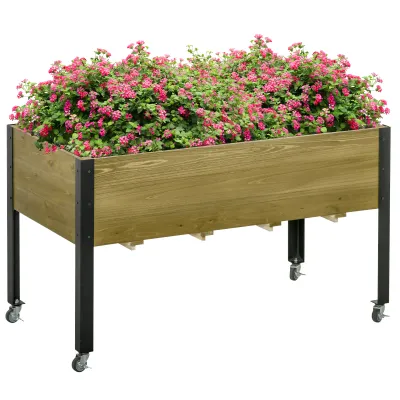 Hochbeet mit Rädern Pflanztisch Blumenkasten mit Abfluss Massivholz Vliesstoff Hellbraun 120 x 60 x 72 cm
