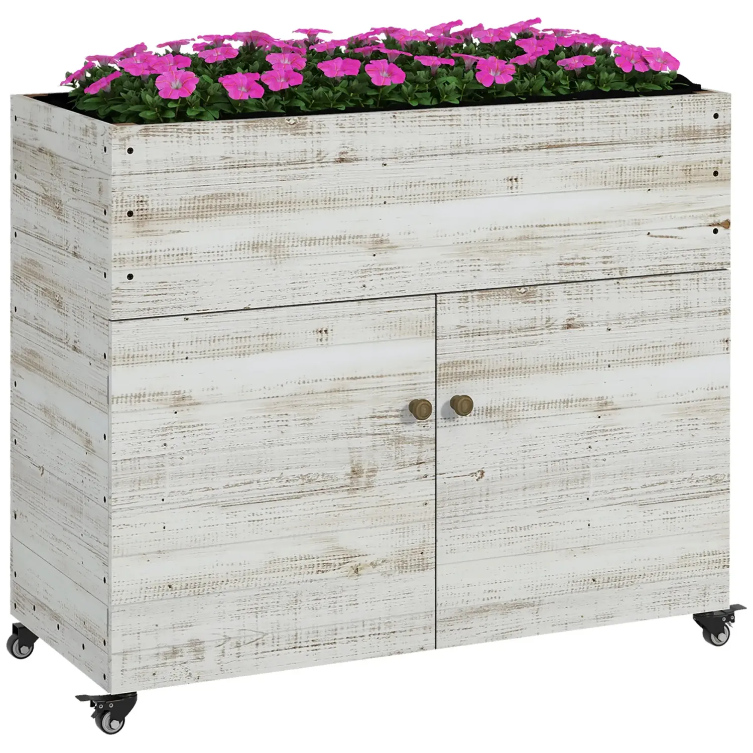 Hochbeet mit Rädern, Schrankfach, Innenauskleidung, Shabby Chic, 110x50x95 cm, Weiss