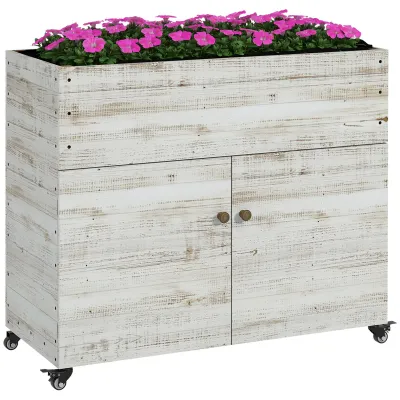 Hochbeet mit Rädern, Schrankfach, Innenauskleidung, Shabby Chic, 110x50x95 cm, Weiss