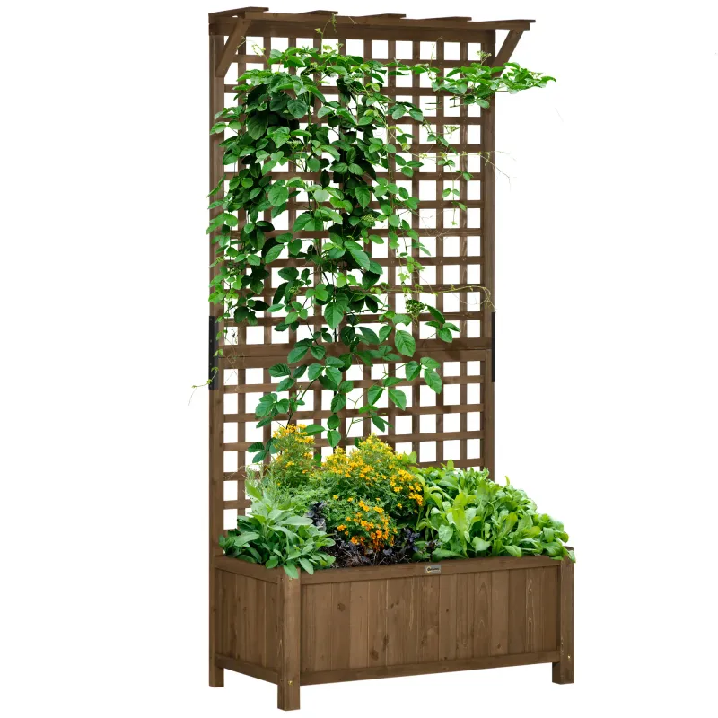 Hochbeet mit Spalier und Dach, Pflanzkasten, Blumenbeet, wetterfest, Holz, 90 x 45 x 183 cm, Braun