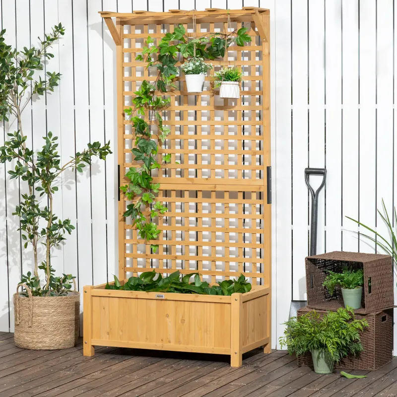 Hochbeet mit Spalier und Dach, Pflanzkasten, Blumenbeet, wetterfest, Holz, 90 x 45 x 183 cm, Hellbraun