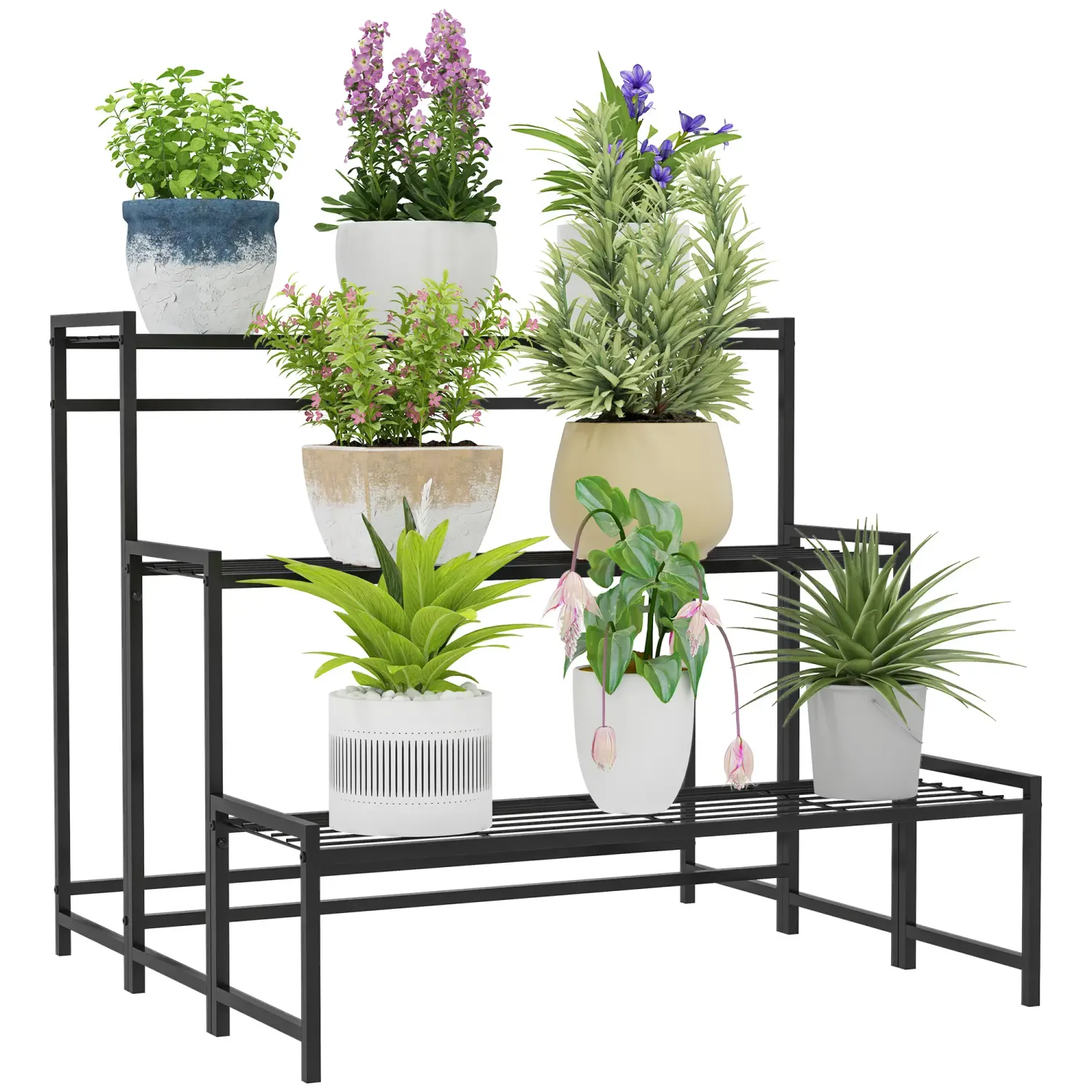 Blumentopfständer, 3-stufiger Pflanzenständer in Treppenform, Metall, Schwarz