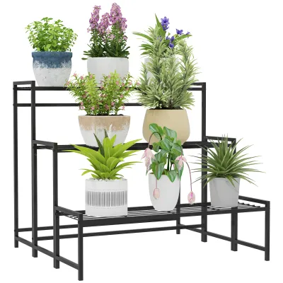 Blumentopfständer, 3-stufiger Pflanzenständer in Treppenform, Metall, Schwarz