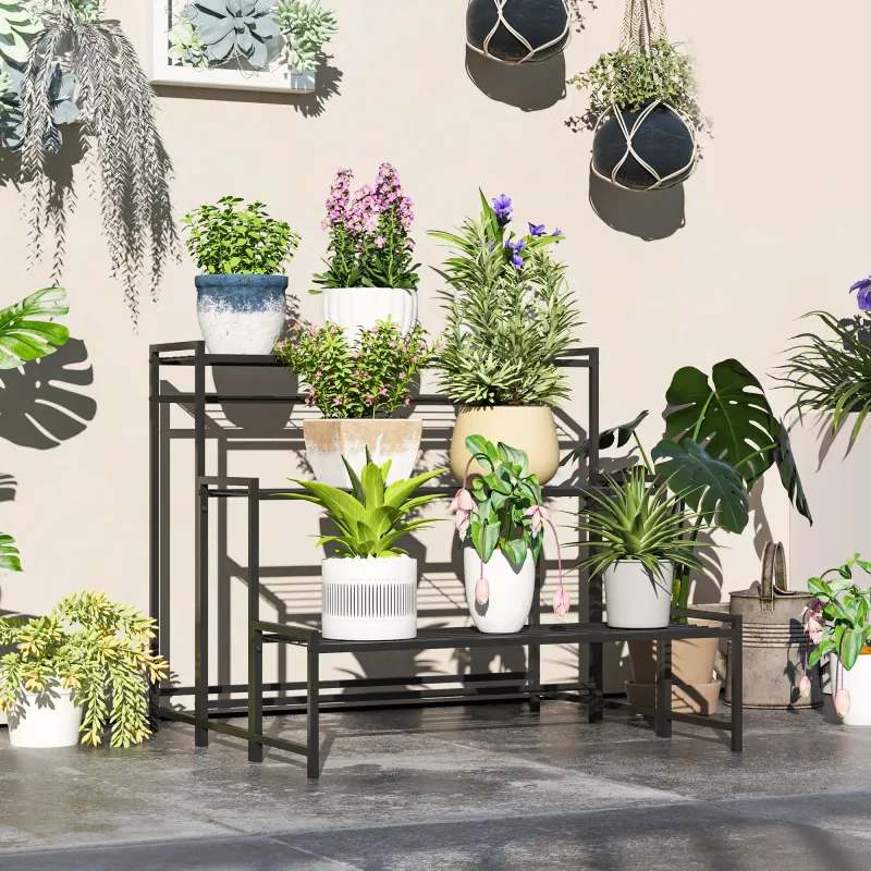 Blumentopfständer, 3-stufiger Pflanzenständer in Treppenform, Metall, Schwarz