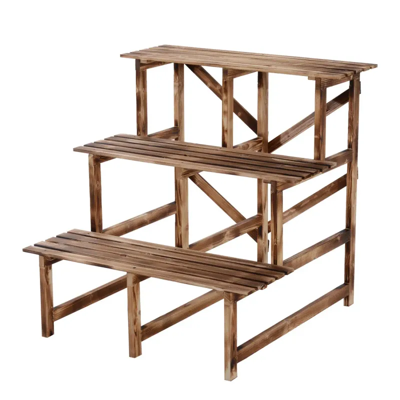 Pflanzentreppe 3 Stufen, Blumentreppe, Blumenregal, Tannenholz, 80 x 80 x 78cm