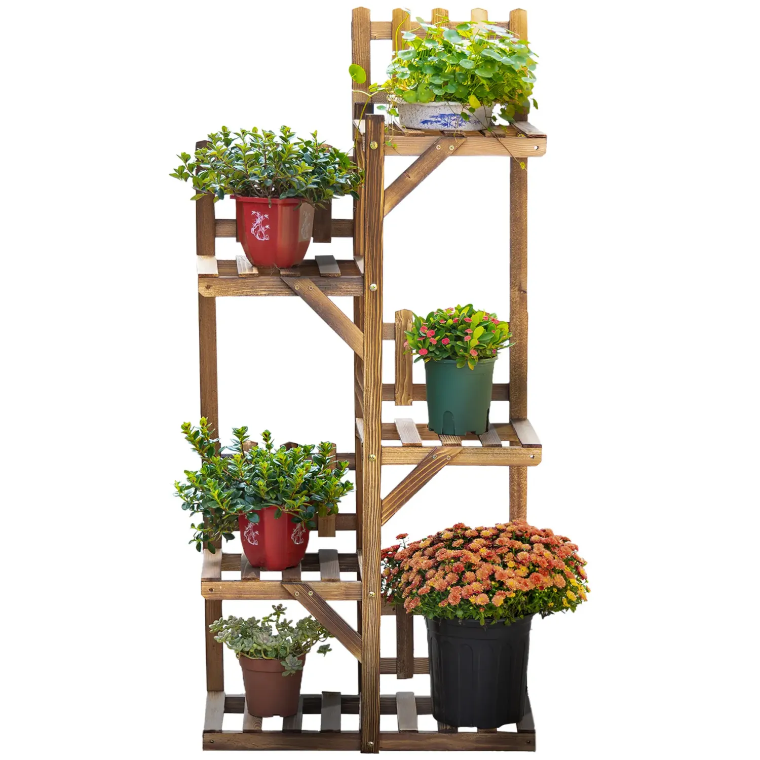Blumenleiter aus Holz mit 5 Regalen aus Kiefernholz karbonisiert für Garten Terrasse Balkon