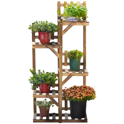 Blumenleiter aus Holz mit 5 Regalen aus Kiefernholz karbonisiert für Garten Terrasse Balkon