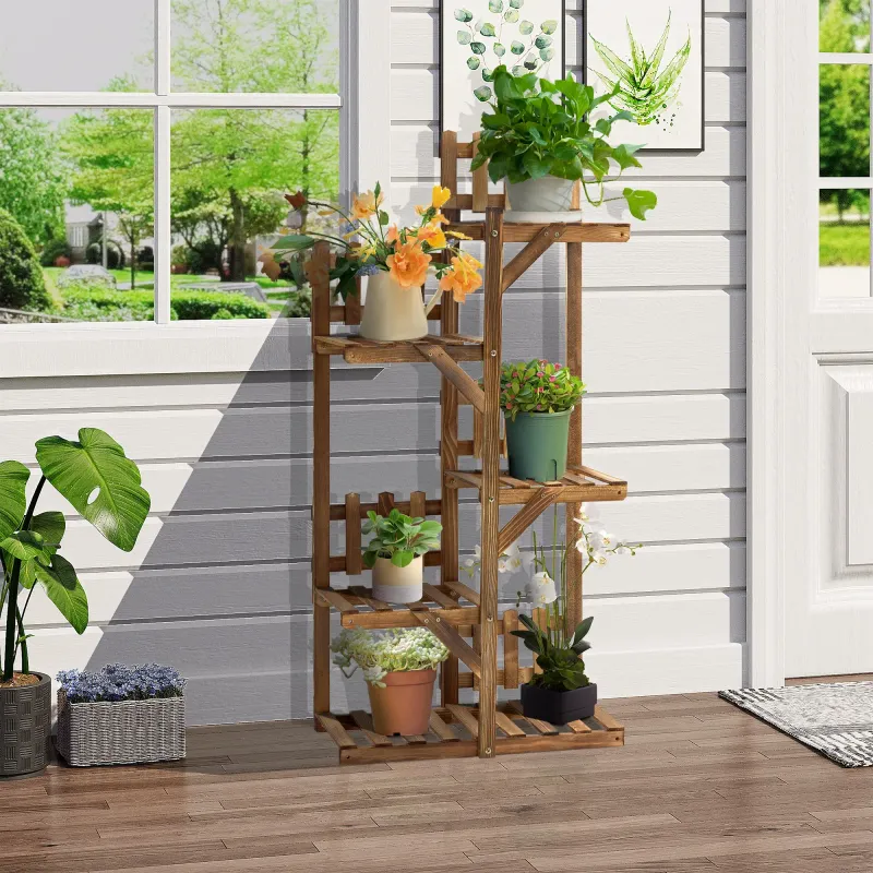 Blumenleiter aus Holz mit 5 Regalen aus Kiefernholz karbonisiert für Garten Terrasse Balkon