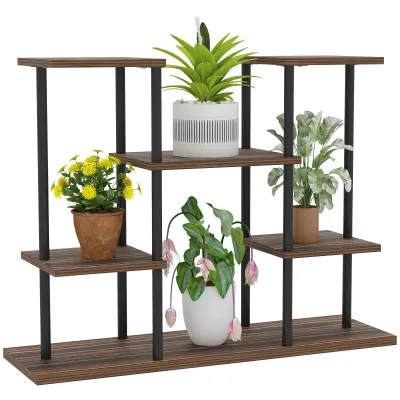 Blumenständer mit 4 Ebenen, 4-stufiger Pflanzenständer, Blumentopfhalter für drinnen und draussen, Holz, Stahl