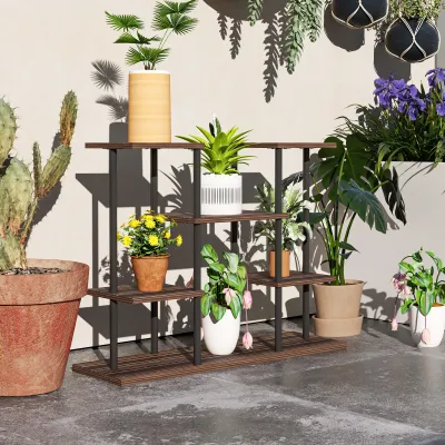 Blumenständer mit 4 Ebenen, 4-stufiger Pflanzenständer, Blumentopfhalter für drinnen und draussen, Holz, Stahl