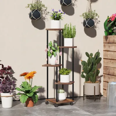 Blumenständer mit 5 Ebenen, 5-stufiger Pflanzenständer, Holz, Stahl
