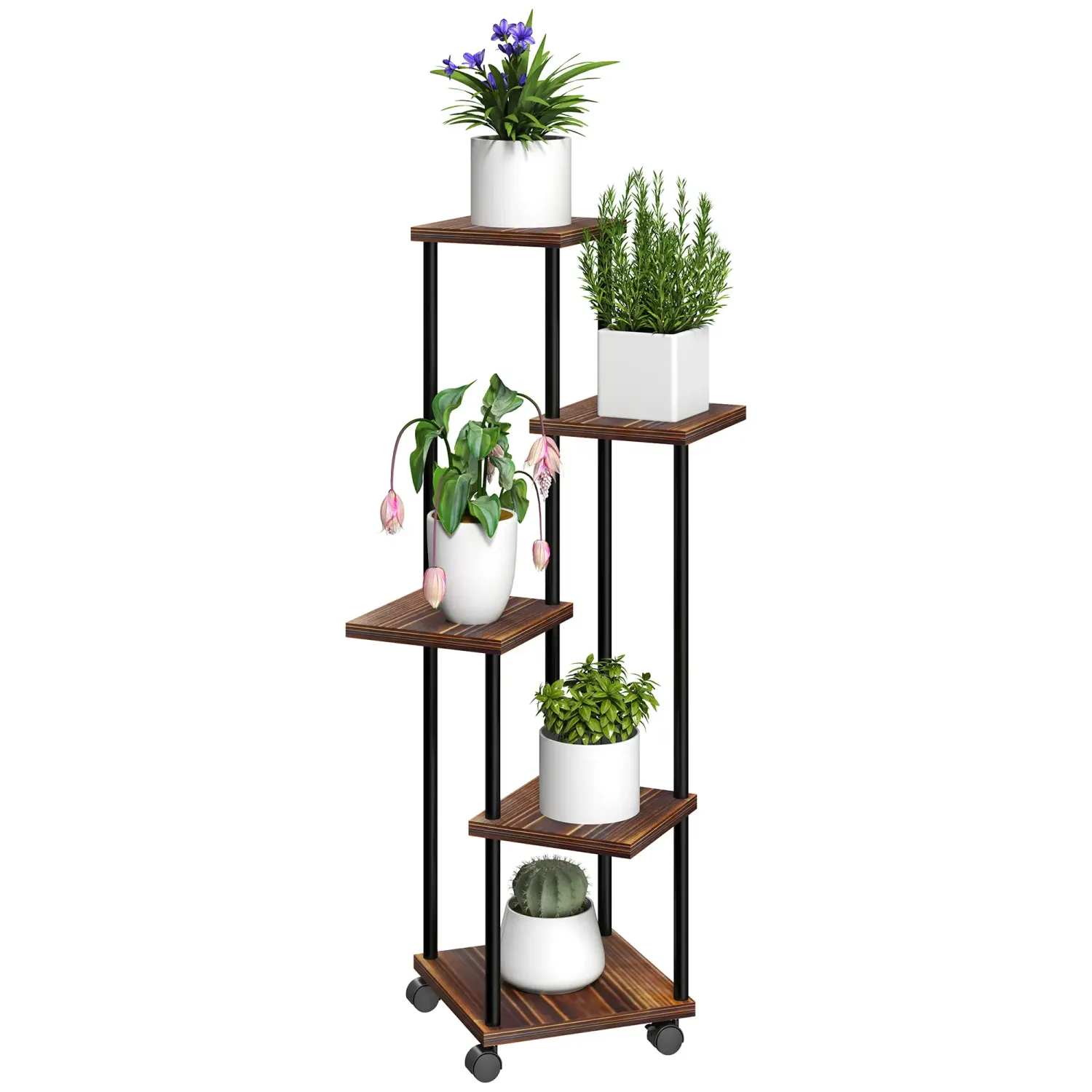 Blumenständer mit 5 Ebenen, 5-stufiger Pflanzenständer, Holz, Stahl
