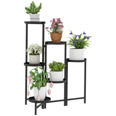 Blumentopfständer, Pflanzenständer mit 6 verstellbaren runden Ebenen, Eckständer für Pflanzentöpfe, Metall, Schwarz