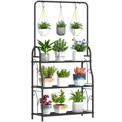 Blumenregal, 3-stufiges Pflanzenregal mit Hängehaken, Metallregal für Blumentöpfe, Indoor- und Outdoor-tauglich, Schwarz