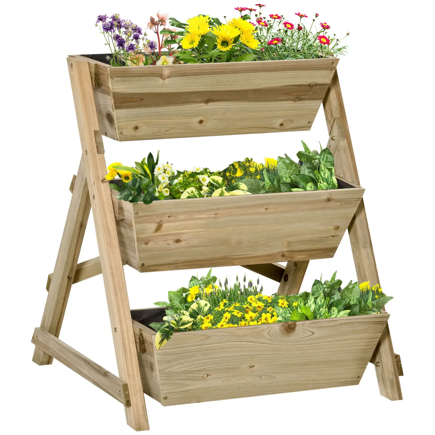 Hochbeet Blumentreppe Holz Blumenleiter mit 3 Ablagen Pflanzentreppe Pflanzregal Pflanzenständer Blumenregal Blumenständer Natur 71 x 61 x 77 cm