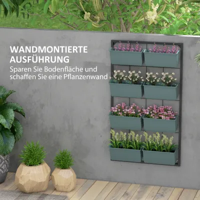 Blumenständer mit Wandhalterung und 8 Blumenkästenkästen, stapelbar, wetterbeständig, Grau + Schwarz