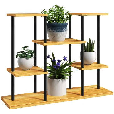 6-stufiges Pflanzenregal, Stahlrahmen und massive Holzbasis 80 x 24 x 61,5 cm Naturholz