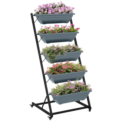 Mobile Blumentreppe Pflanzenregal auf Rollen, wetterbeständig, 65 x 67 x 145 cm, Grau + Schwarz