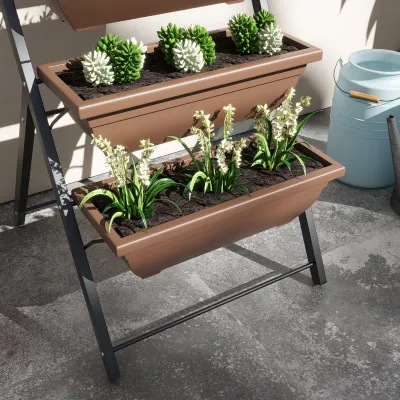 Erhöhter Blumenkasten mit 5 Etagen und Blumentöpfen, Stahlrahmen, Braun