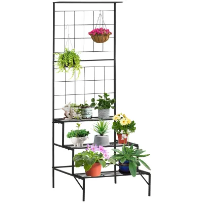 Pflanzenregal 3 Stufig und Spalier, Metall, Schwarz, 60 x 53,5 x 159,5 cm