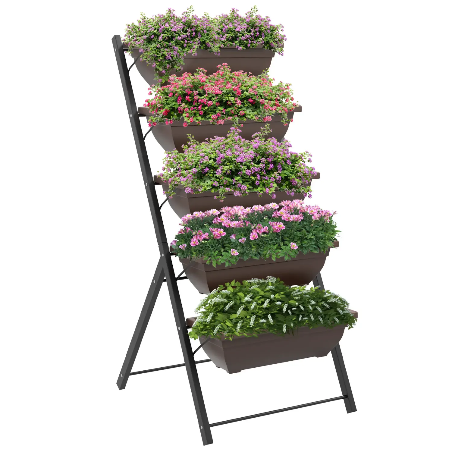 Erhöhter Blumenkasten mit 5 Etagen und Blumentöpfen, Stahlrahmen, Braun